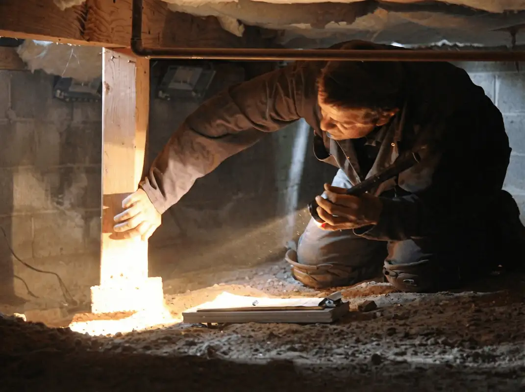 A professional inspecting wooden beams under the floor of a structure in Chandler, AZ