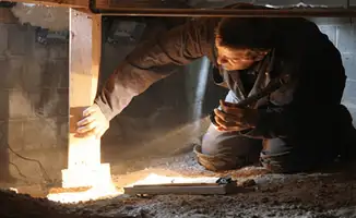 A professional inspecting wooden beams under the floor of a structure in Chandler, AZ